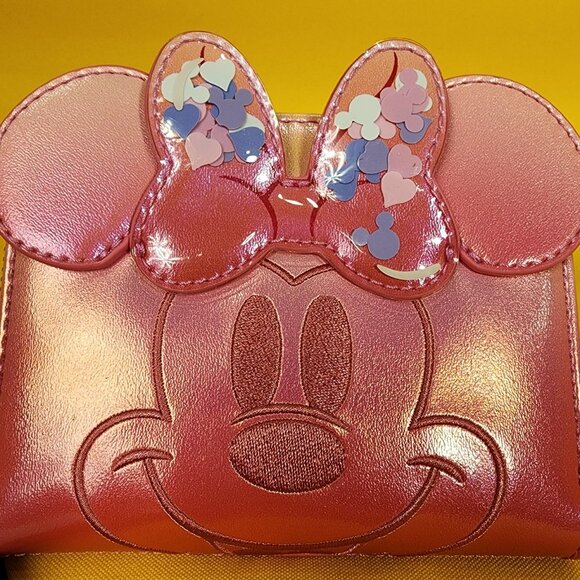 Loungefly Disney Minnie Mouse Pink Iridecent Ears Bow Confetti Zip Wallet NEW - Picture 3 of 13